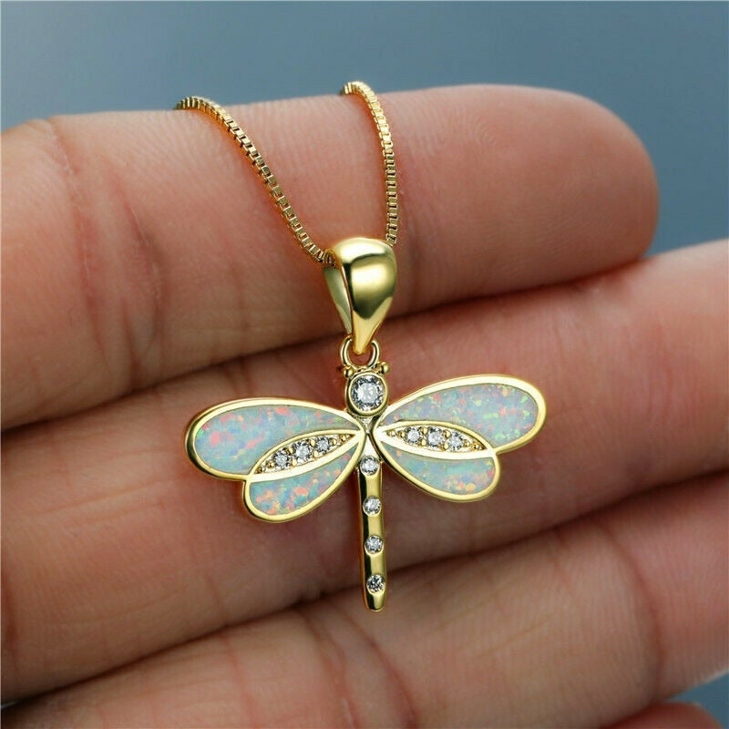 Gold Dragonfly Necklace with Opal
