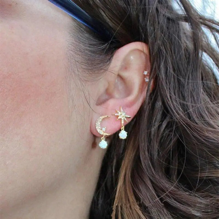 Gold and Opal Moon and Star Earrings