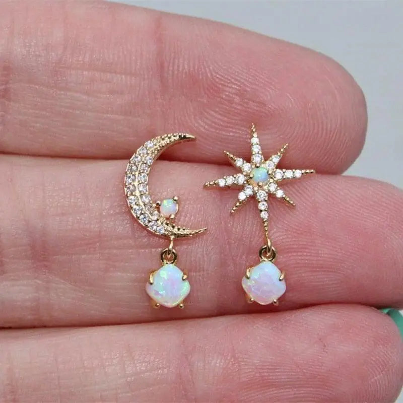 Gold and Opal Moon and Star Earrings