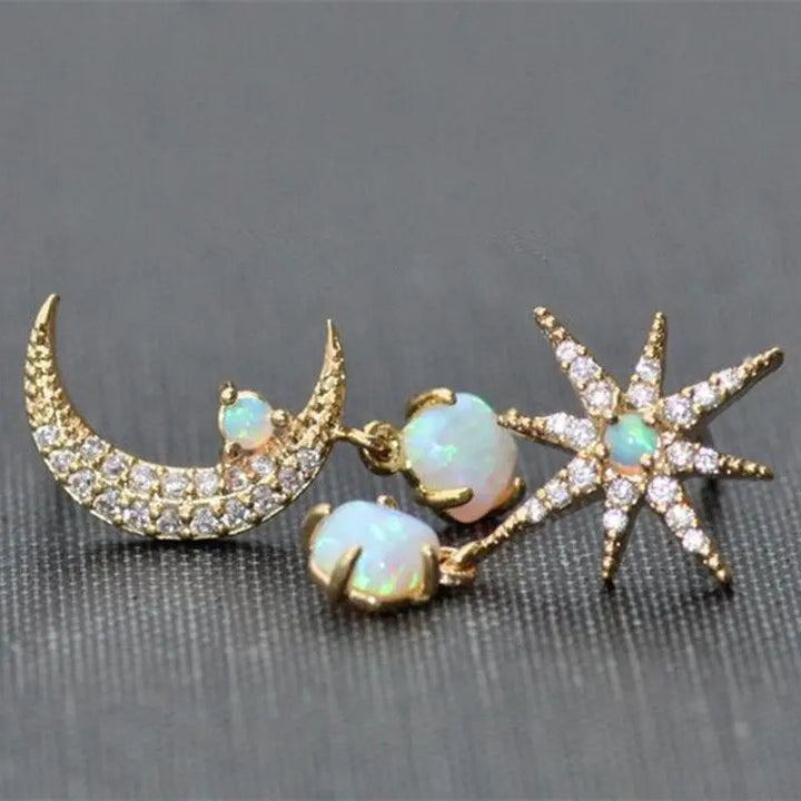 Gold and Opal Moon and Star Earrings