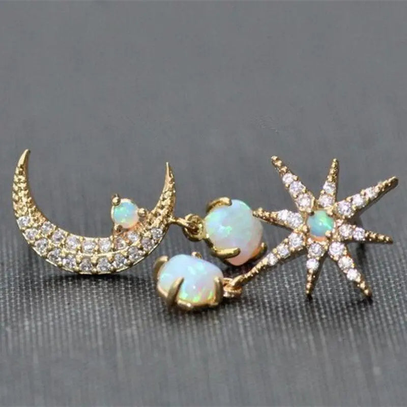 Moon and Star Shaped Earrings in Gold and Opal