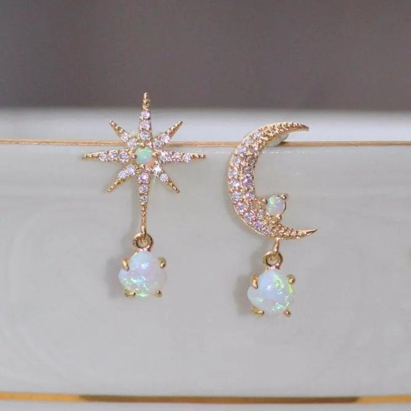 Moon and Star Shaped Earrings in Gold and Opal