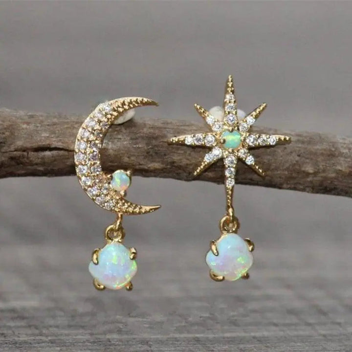 Gold and Opal Moon and Star Earrings