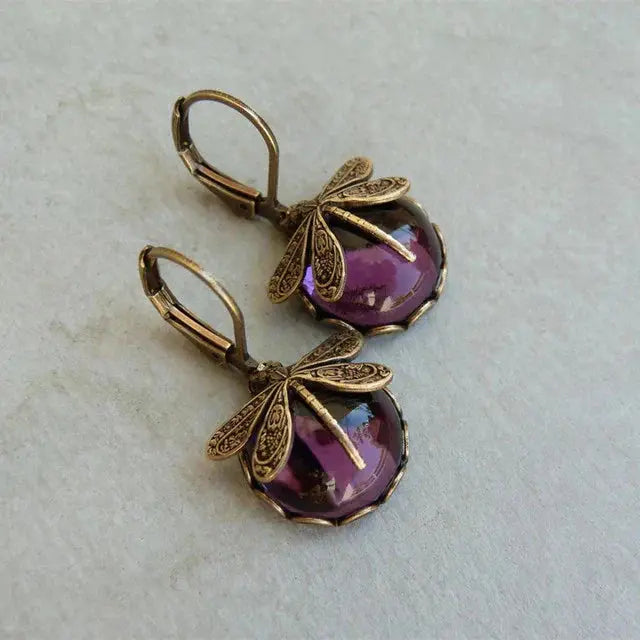 Spherical Dragonfly Shaped Earrings in Antique Gold
