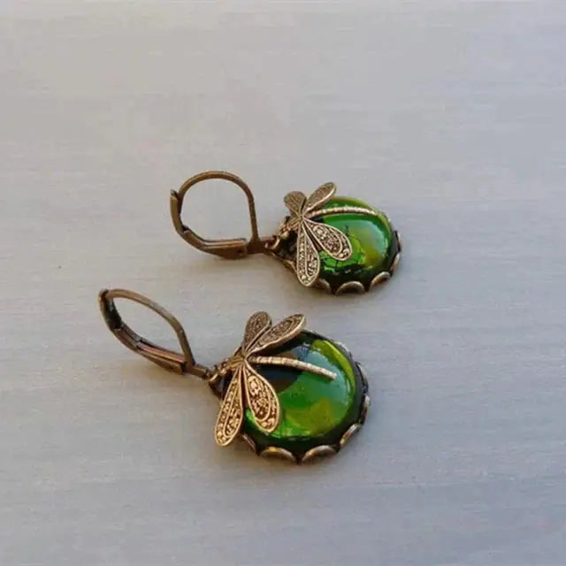 Spherical Dragonfly Shaped Earrings in Antique Gold