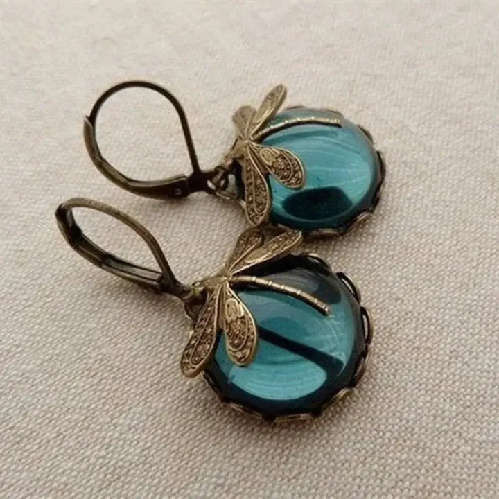 Spherical Dragonfly Shaped Earrings in Antique Gold