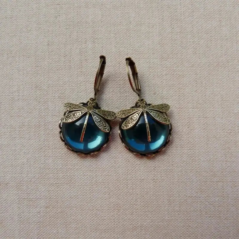 Spherical Dragonfly Shaped Earrings in Antique Gold