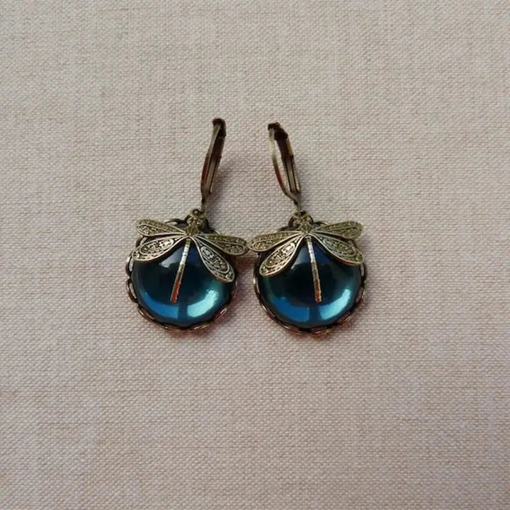 Spherical Dragonfly Shaped Earrings in Antique Gold