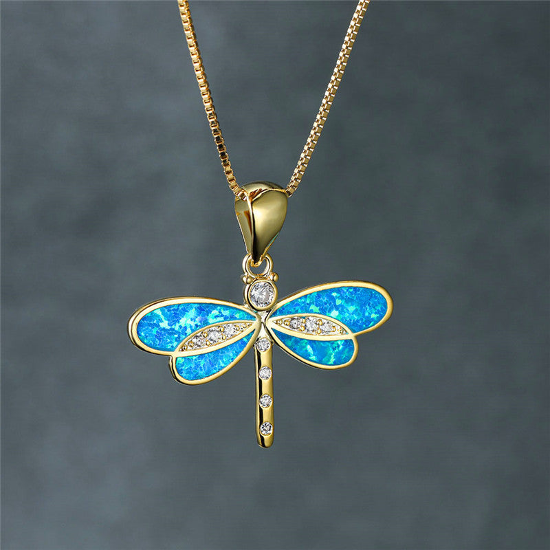 Gold Dragonfly Necklace with Opal