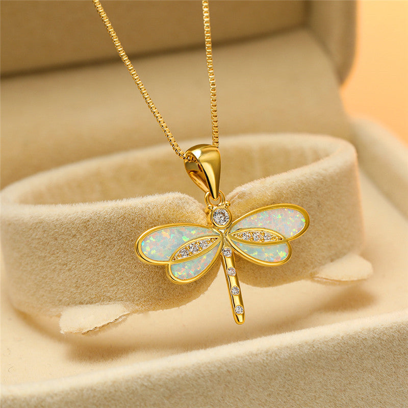 Gold Dragonfly Necklace with Opal