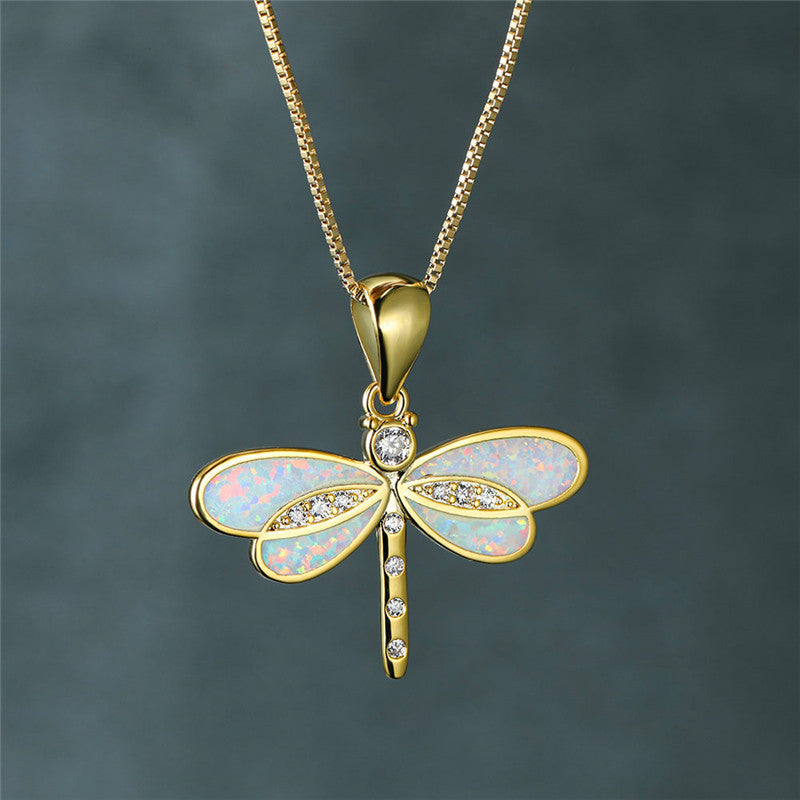 Gold Dragonfly Necklace with Opal