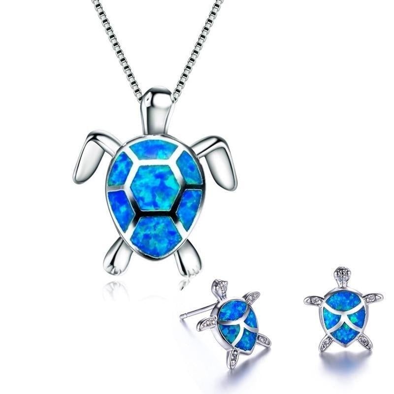 Marine Turtle Themed Necklace and Earrings in Opal and Silver