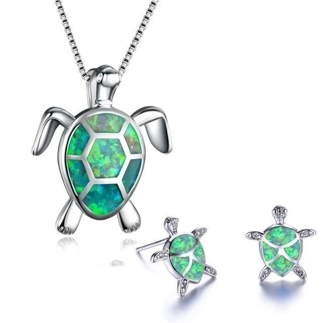 Set of Jewelry with Opal Sea Turtle