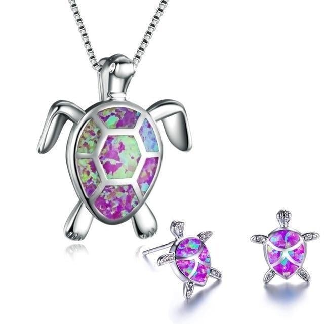 Marine Turtle Themed Necklace and Earrings in Opal and Silver