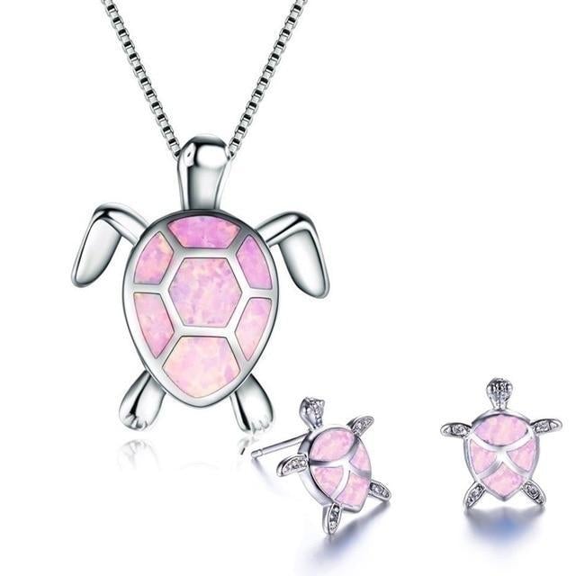 Marine Turtle Themed Necklace and Earrings in Opal and Silver